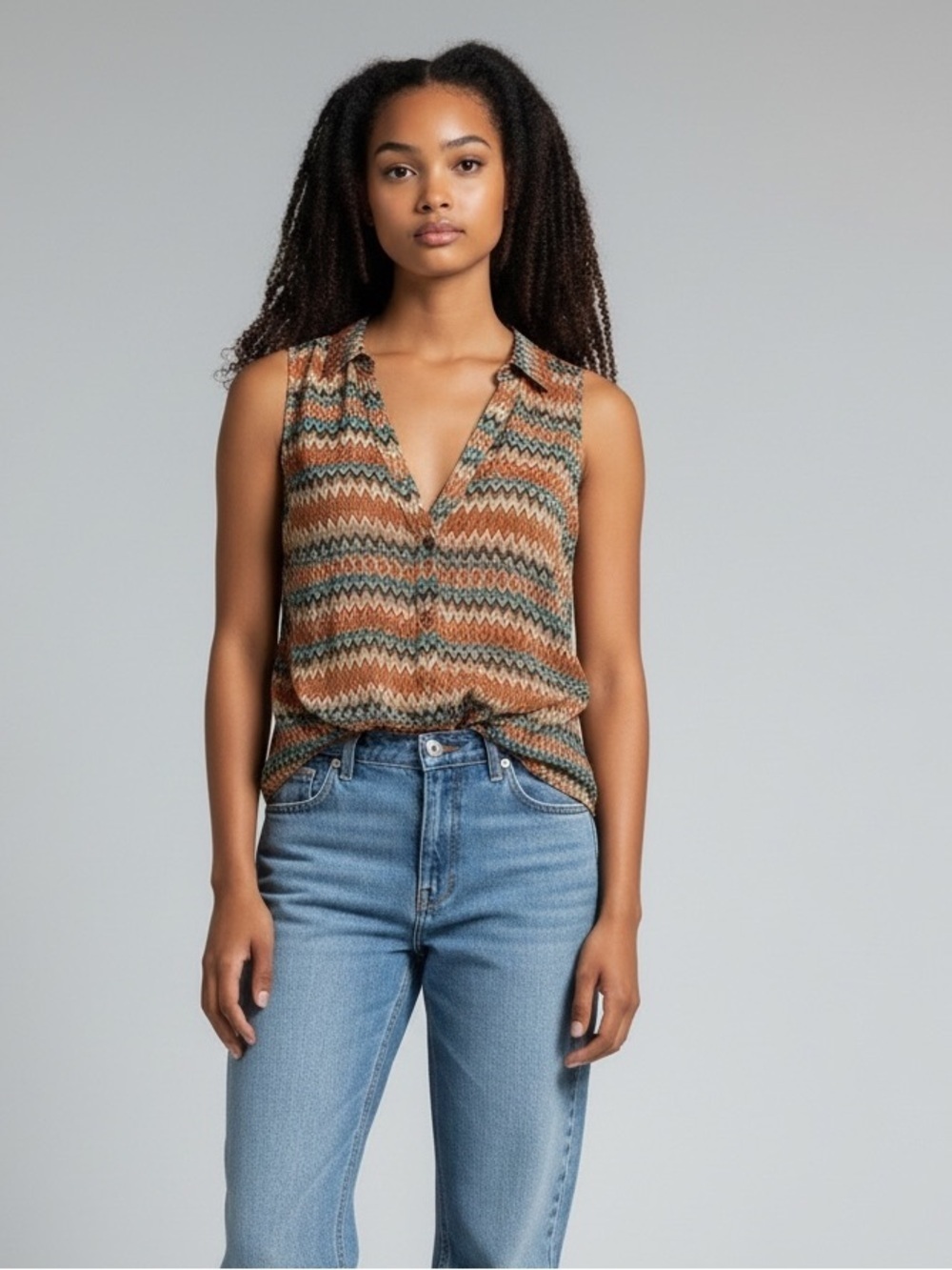 Opaque Lightweight Airy Sleeveless Button Front  Summer  Top Chevron Pattern